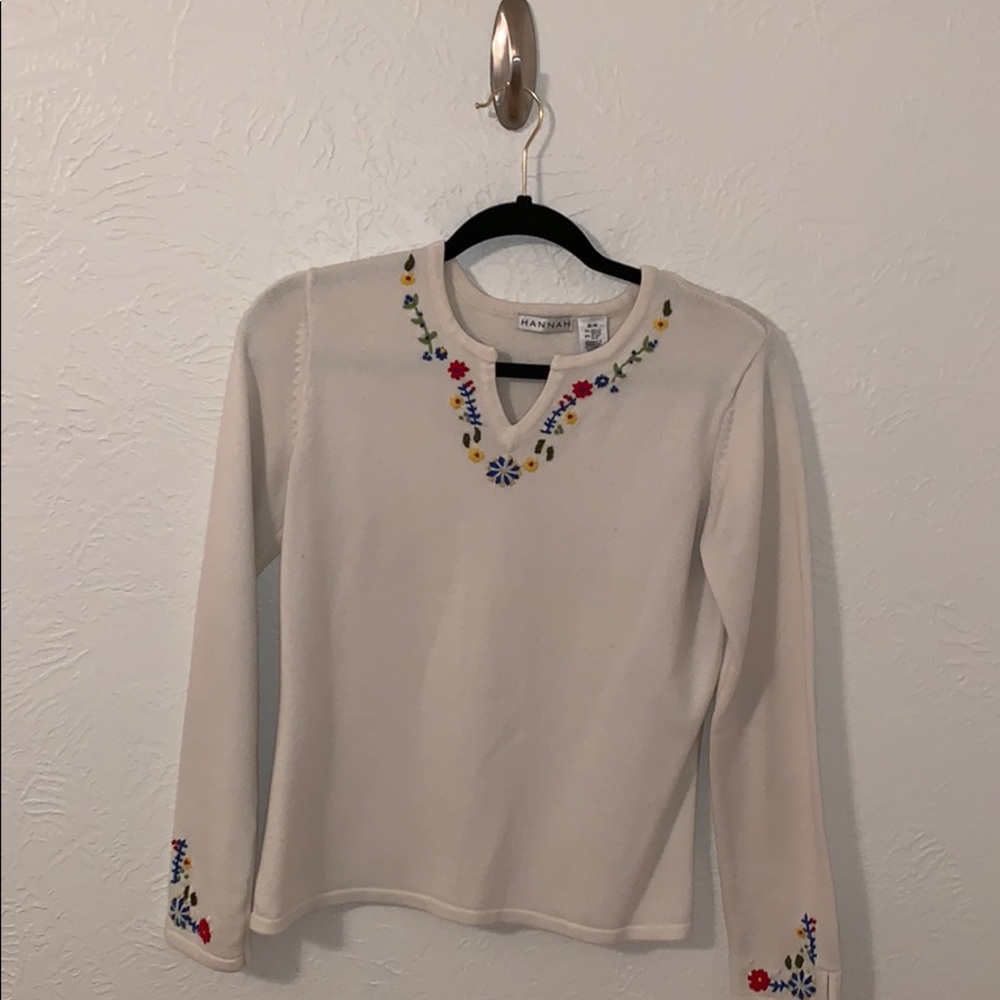 White embroidered floral sweater